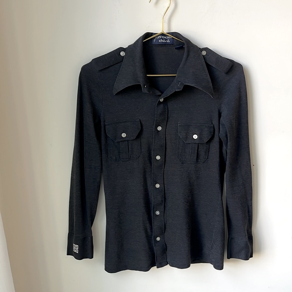 Givenchy for Chesa Button Front Shirt Top w/ Pointed Collar Grey Size 12 Vintage